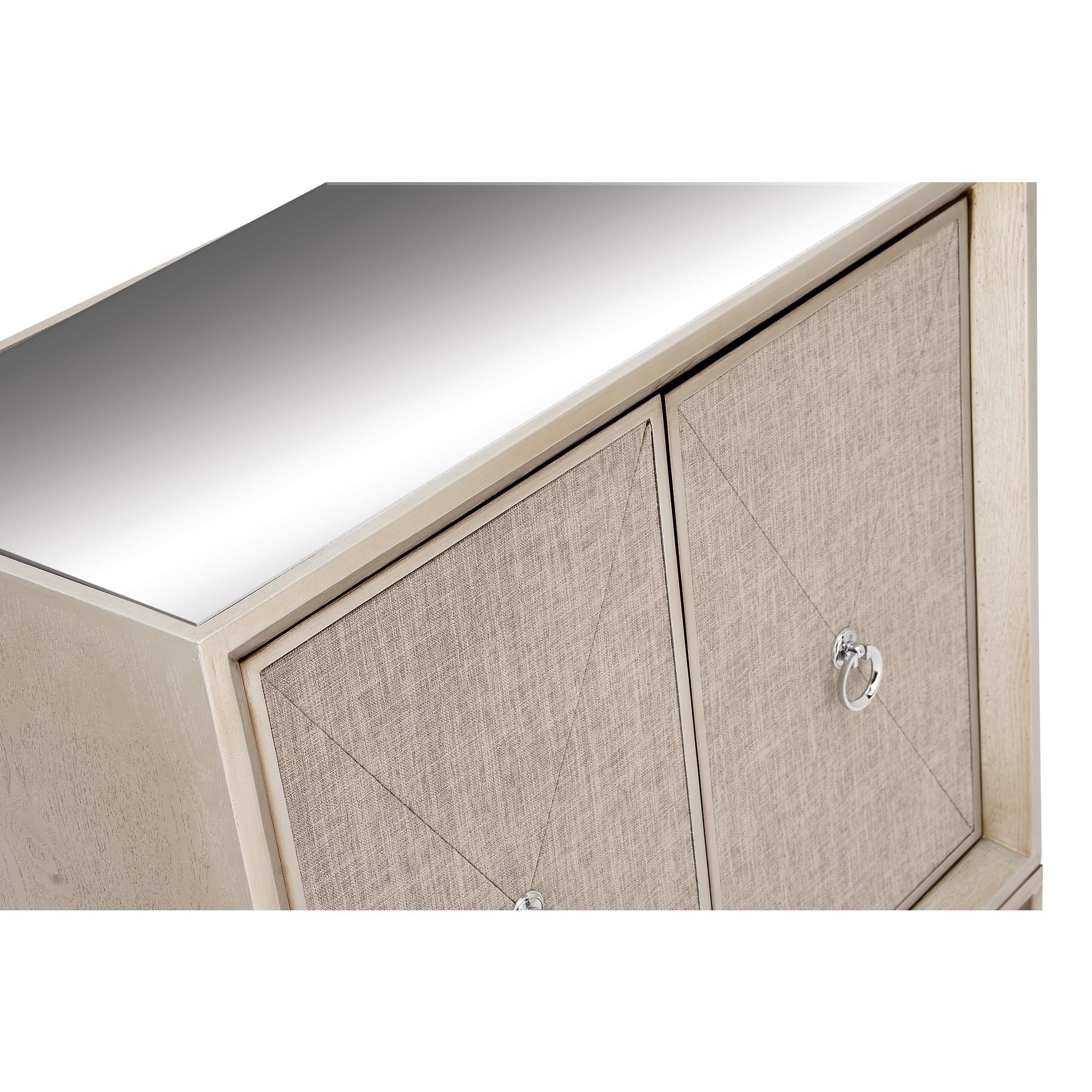 DecMode 32" x 32" Beige Wooden Upholstered Front Panel 2 Door Cabinet with Mirrored Top and Ring Handles, 1-Piece