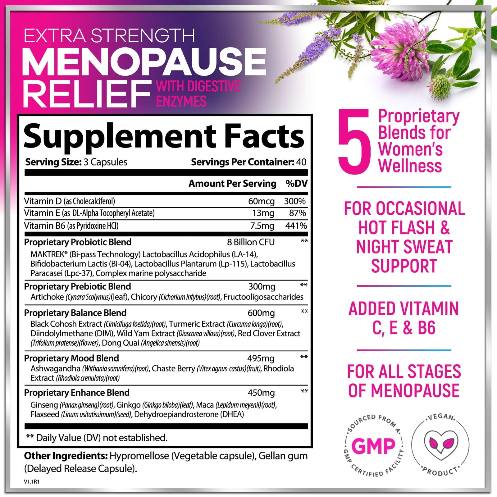 Menopause Supplements for Women - Hot Flash Night Sweats & Menopause Relief Pills - Probiotic Blend 8 Billion CFU Per Serving with Dong Quai & Black Cohosh - Vaginal, Digestive Support - 120 Capsules