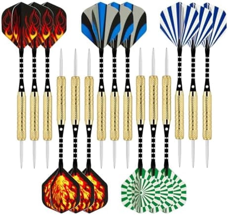 15 Pack Steel Tip Darts 18 Grams, Professional Darts Metal Tip Set with Aluminum Shafts, Standard Flights, Rubber O'Rings and Extra Dart Sharpener