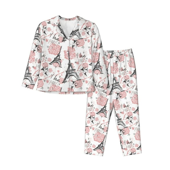 Saiise Paris Print Women Soft Pajama Sets,Long Sleeve Sleepwear Button Up 2-Piece Pjs Lounge Sets-Small