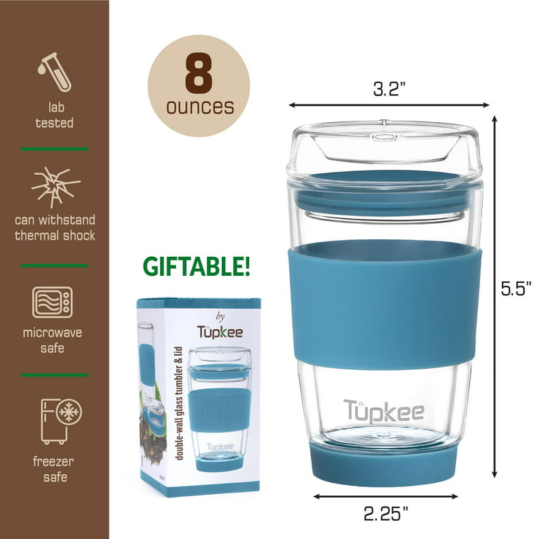 Tupkee Double Wall Glass Tumbler - 8-Ounce, All Glass Reusable Insulated Tea/Coffee Mug & Lid, Hand Blown Glass Travel Mug - Niagara