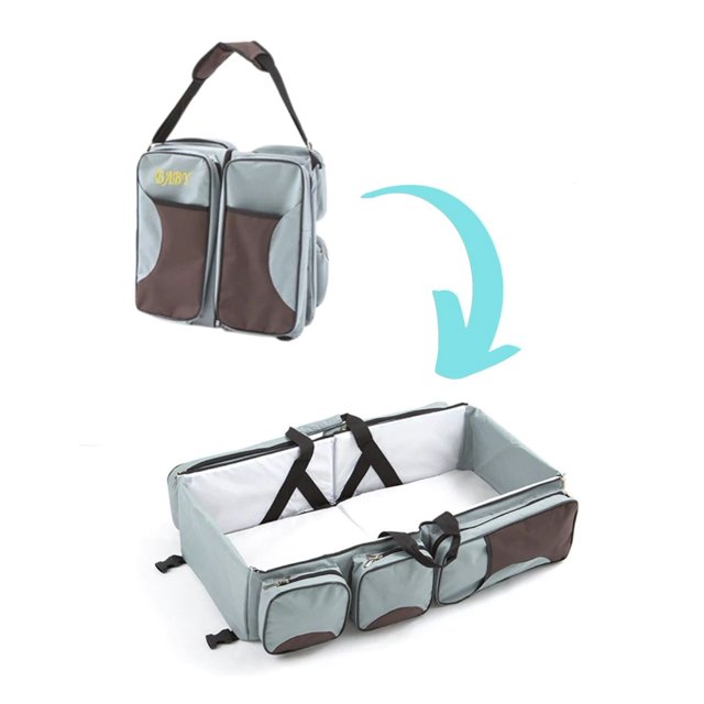 bolsa pañalera 3 en 1 cama de bebe moises de viaje verde KECOMPRAS, bolsa con asas ajustables y varios bolsillos con cremallera; se despliega a moisés portátil con colchón delgado e impermeable, 5 compartimentos con cierre y 2 calienta biberones aislados, correas internas de sujeción; también suele usarse como cambiador portátil para viajes.