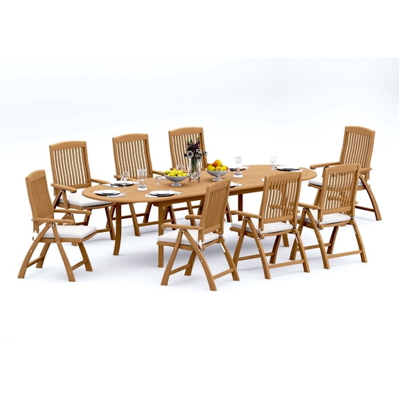 9-Piece Teak Dining Set: 117" Oval Extendable Table   8 Marley Folding/Reclining Arm Chairs