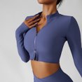 thumbnail image 3 of Chaqueta de entrenamiento para mujer Cremalleras dobles de secado rápido Estilo recortado Chaqueta de entrenamiento recortada de chinlon transpirable para entrenamiento en el gimnasio Púrpura S, 3 of 7