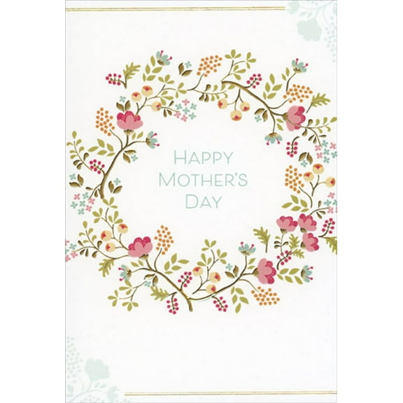 Pictura Thin Gold Branches and Pink Flowers Wreath Mother's Day Card