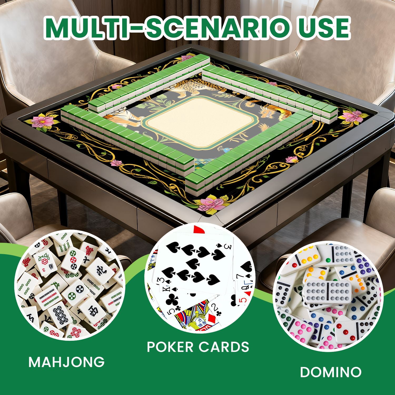 Mahjong Mat 31.5" x 31.5" Majestic Wildlife Mythical Creatures Vibrant Floral Frame Non-Slip Noise Reduction American Mahjong Tiles Table Cover for Dominoes Poker Card Board Games Gift