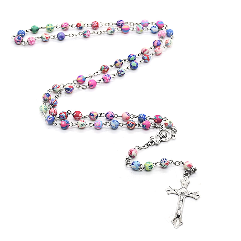 TIERPOP 6mm Round Ceramic Beads Rosary Necklace Polymer Clay Cross Pendant Catholic Necklaces Religious Jewelry Women Gift