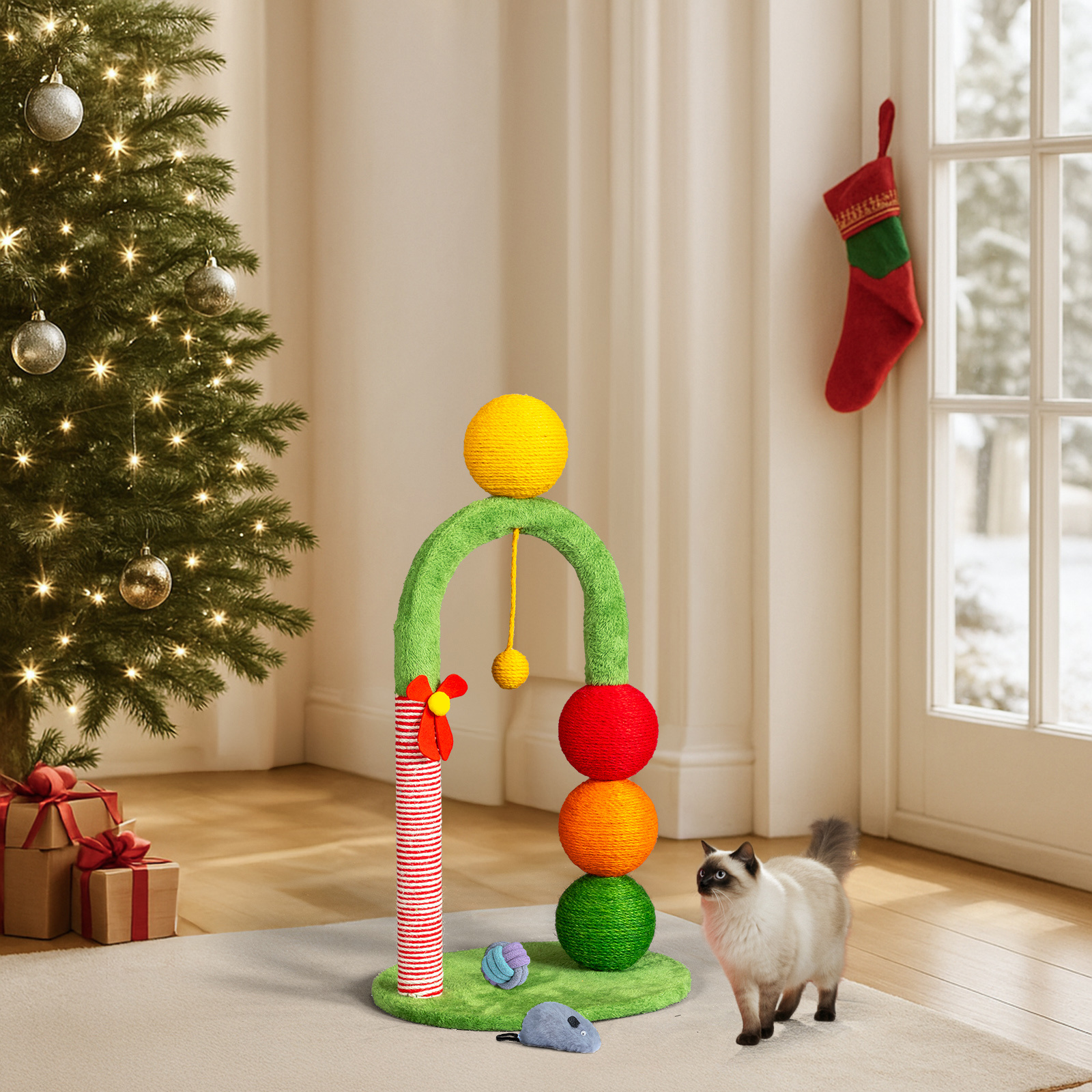 ZephyPaws 29in Christmas Cat Scratching Post with Candy Cane Design, Plush Arch with Colorful Sisal Balls & Hanging Toy Ball, Holiday Cat Scratcher Tower for Indoor Cats, Green & Red