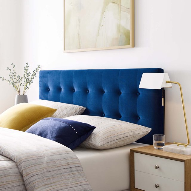 Modway Lily Grand Lit Tête de Lit Capitonnée en Velours de Performance, Bleu Marine