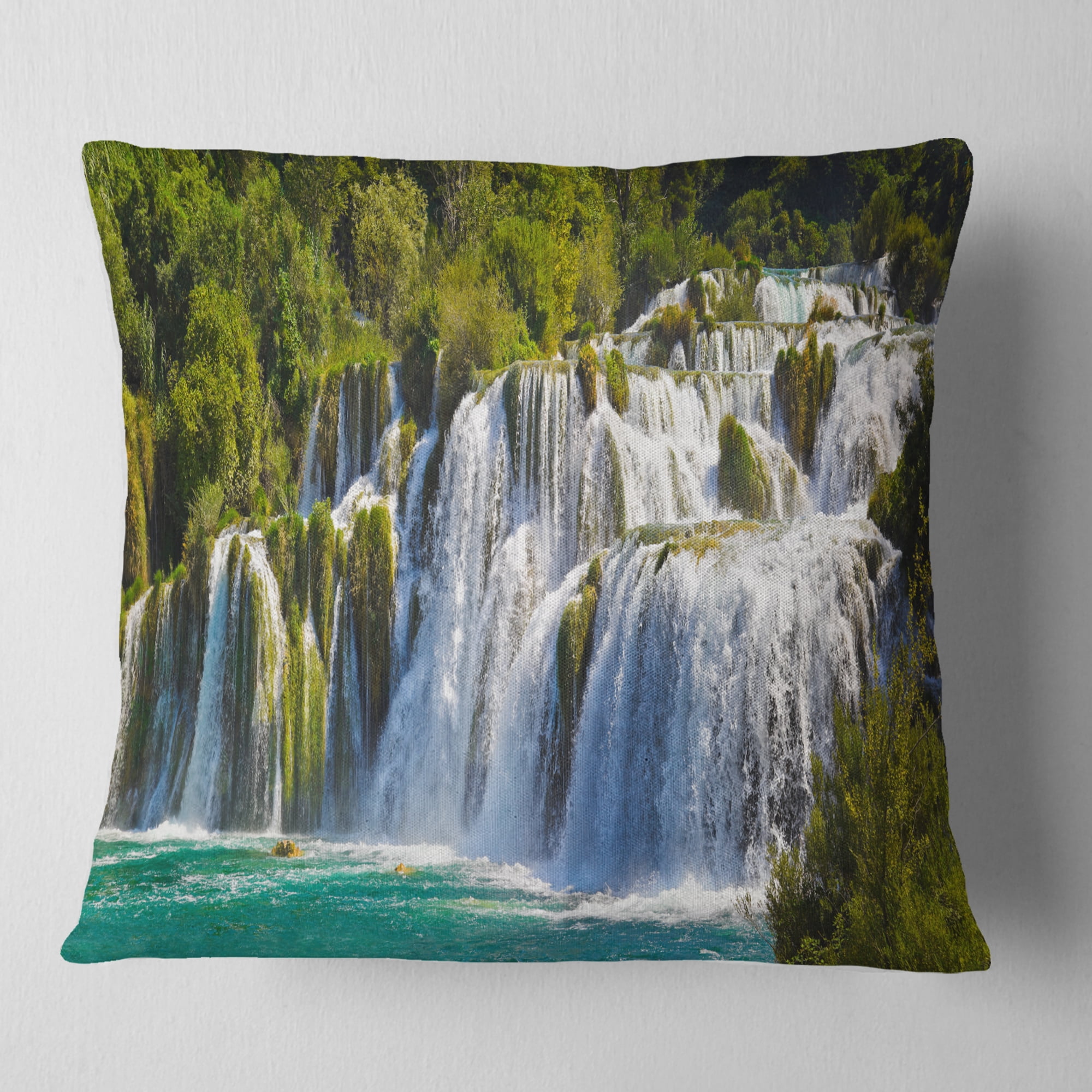 Designart Waterfall KRKA Panorama - Landscape Photography Throw Pillow - 18x18