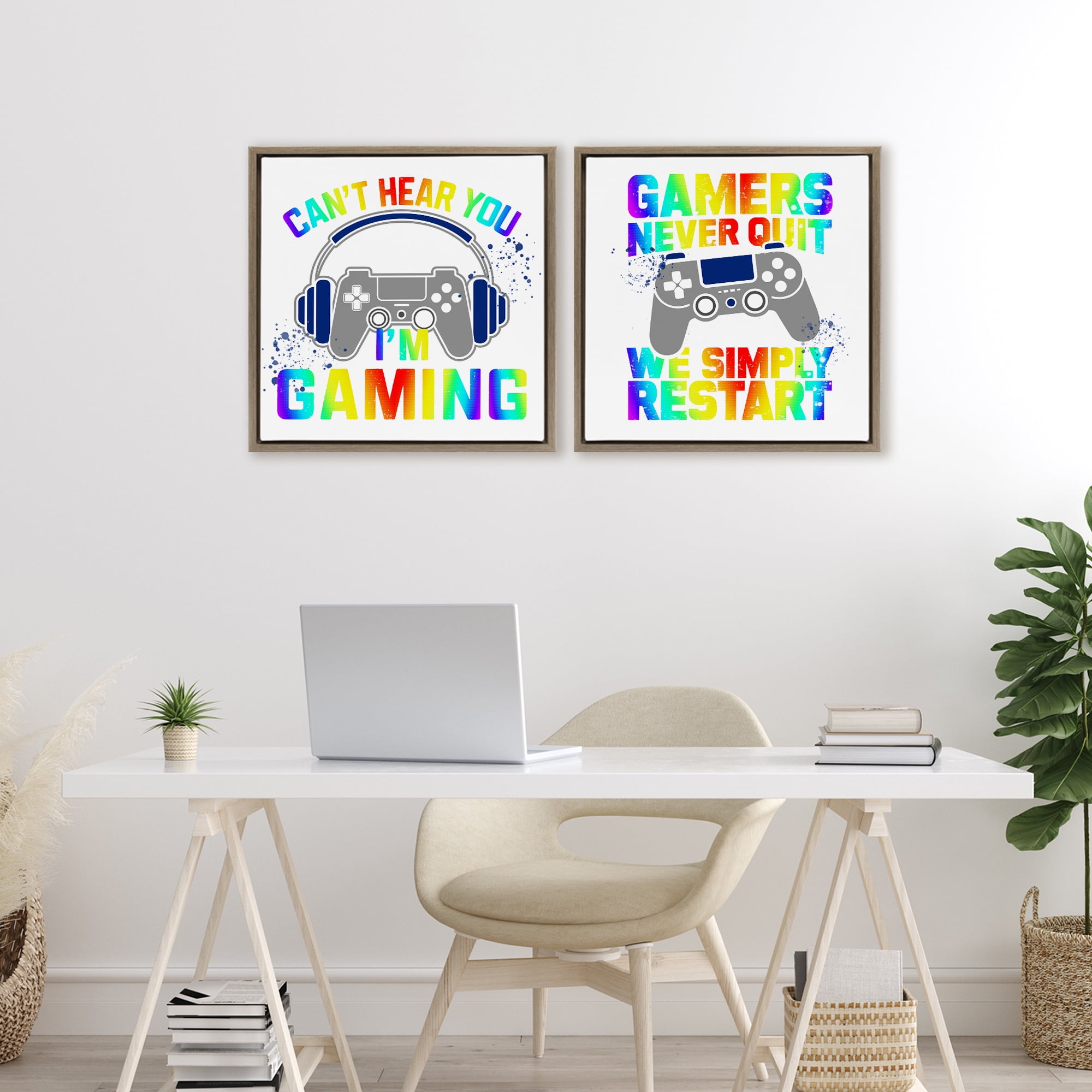 Rainbow Retro Gaming Phrases 2 Piece Brown Framed Floater Canvas Set, design by Kim Allen