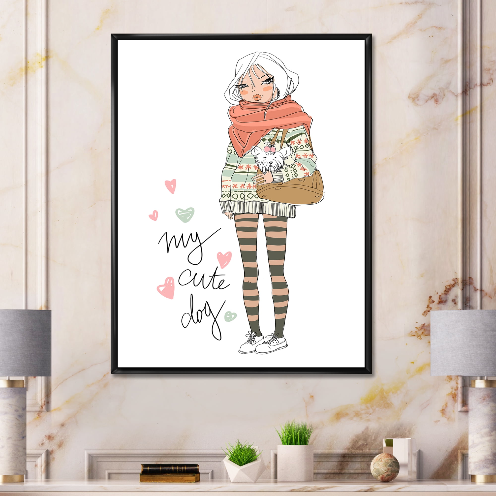 Designart 'My Cute Dog Cute Girl With Dog' Shabby Chic Framed Canvas Wall Art Print