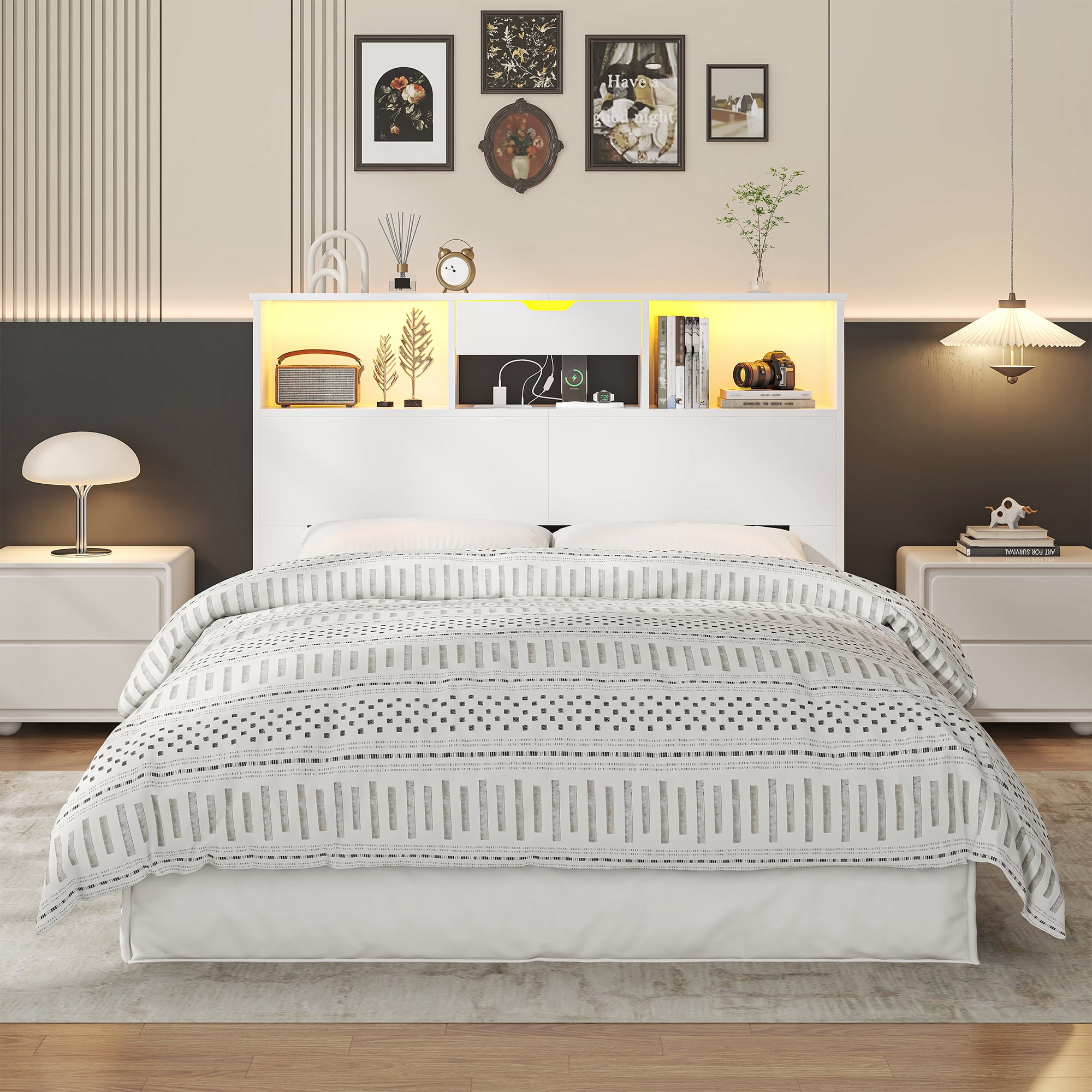 Wood Headboard for Full and Queen Bed, LED Headboard with Changing Station and Storage Cabinet for Bedroom, White (Not Include Bed）