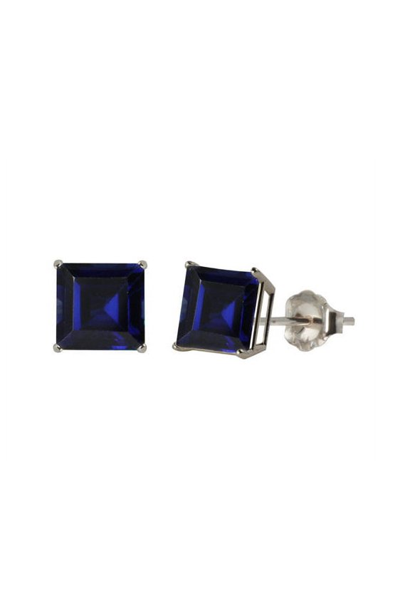 14Kt White Gold Created Blue Sapphire Princess Cut Stud Earrings