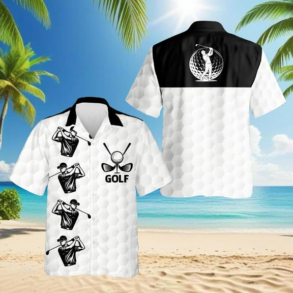 White Golf Ball Hawaiian Shirt for Men, Sporty Golf Style, Button Down Summer Beach Short Sleeve, S-5XL