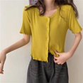 thumbnail image 2 of Camisa de mujer Botón Suéter de punto fino Camiseta casual de manga corta suave, Amarillo AweSitey AP001278-02B, 2 of 7