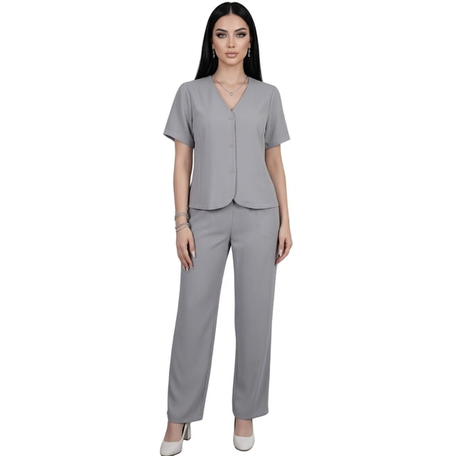 Conjunto 2 Piezas. Blusa de Manga Corta con Botones y Pantalón Recto de Moda, Look Sofisticado para Mujer