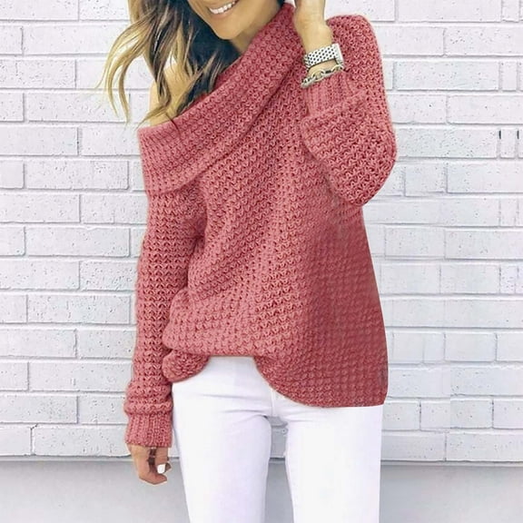 Womens Off The Shoulder Sweaters Casual Loose Knit Long Sleeve Pullover Oversized Turtleneck Sweater Jumper Tunic Tops S-3XL