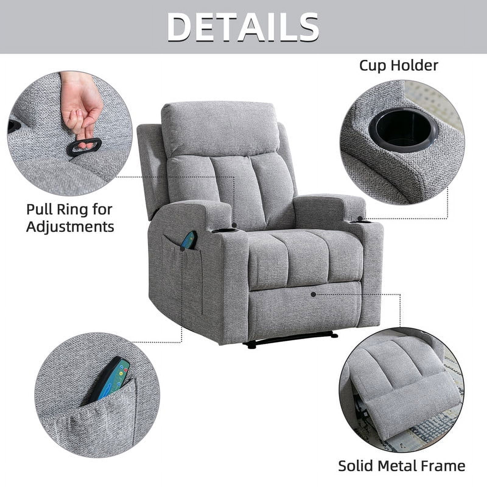 Ebello Manual Heated Massage Recliner, Soft Fabric Modern Overstuffed Recliner with Cup Holders for Living Room & Home Theater, Light Gray
