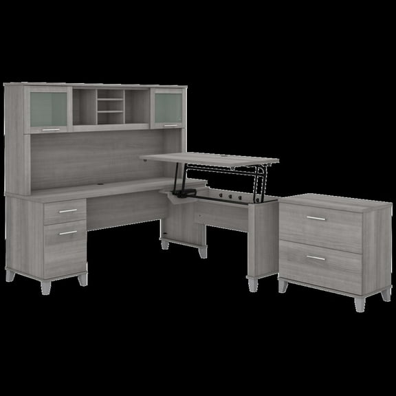 Somerset Sit-Stand L Desk with Hutch and File Cabinet in Gray - Engineered Wood