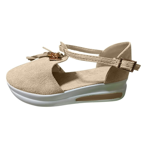Lovskoo Women's Platform Shoes Round Toe Flat Pumps Thick Sole Buckle Strap Casual Beach Shoes Beige