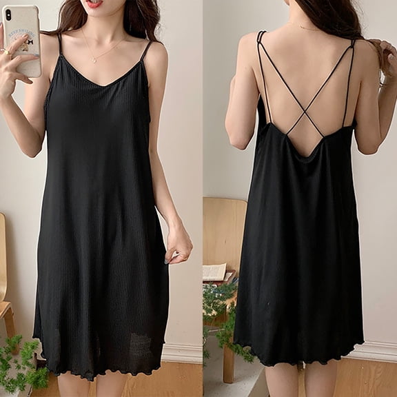 LIZUOJUN Under $5 Slip Dress Nighty Women Nightgown Soft Vertical Ribbed Knit Fixed Thin Spaghetti Strap V Neck Solid Color Wavy Hem Knee Length Breathable Summer Indoor Loungewear L
