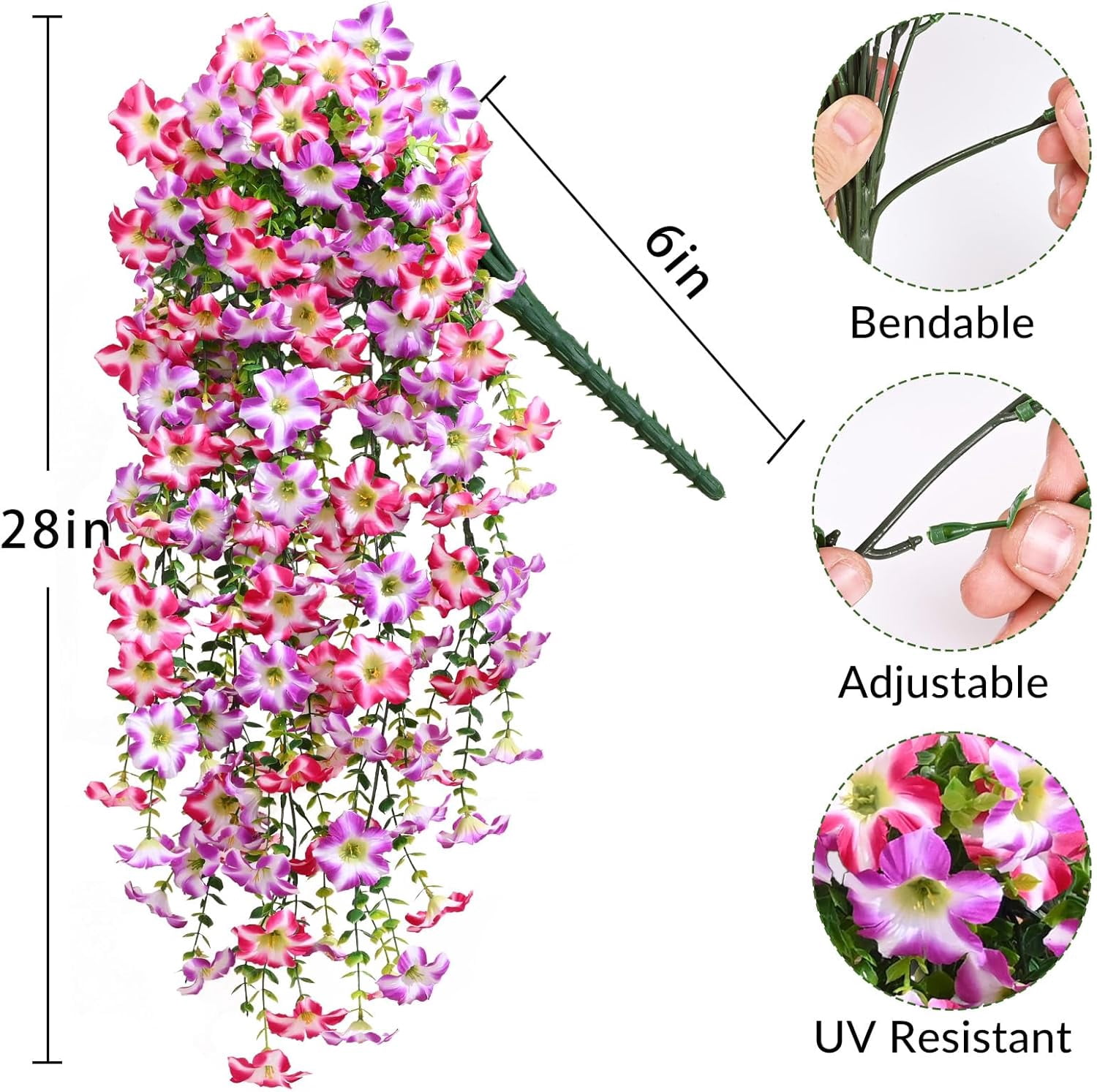 Lyacmy 4 Pcs Artificial Hanging Flowers for Outdoor Spring Decor, Rose Red Purple UV Resistant Fake Flower Petunias for Outdoor Garden Porch Patio Wedding Decor