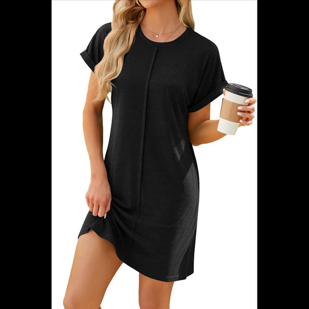 Vestido Camisero de Verano para Mujer, Informal, con Mangas , Cuello Redondo, Holgado, Minivestido Negro XXL