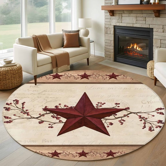 Round Area Rugs Collection 5 Ft, Red Texas Star Rustic Non-Slip Residential Carpet, Farmhouse Berry Brown Wooden Indoor Crawling Mats Runner Rugs for Living Room/Dining Room/Bedroom