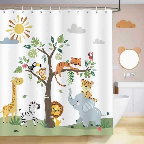 Kids Cartoon Safari Animals Shower Curtain Lion Elephant Giraffe Forest Animal Decorative Bath Curtain 72 x 72 Inch Polyester Fabric Waterproof Bathroom Curtain with 12 Hooks