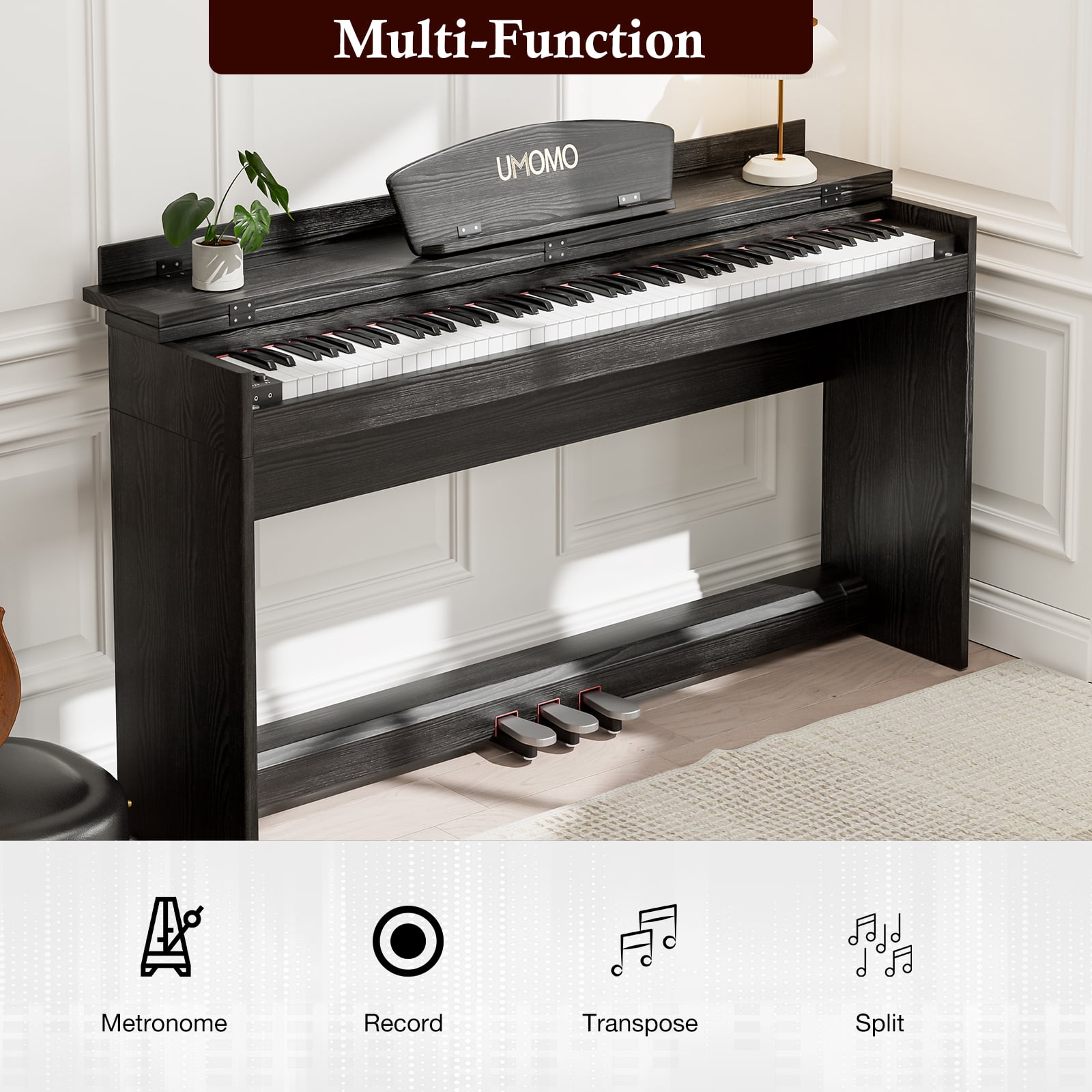 UMOMO 88 Key Digital Piano Keyboard, Full Size Electric Piano with Piano Stand, Headphone Jack, 3 Pedal, Electronic Piano for Beginner, Adults, Black