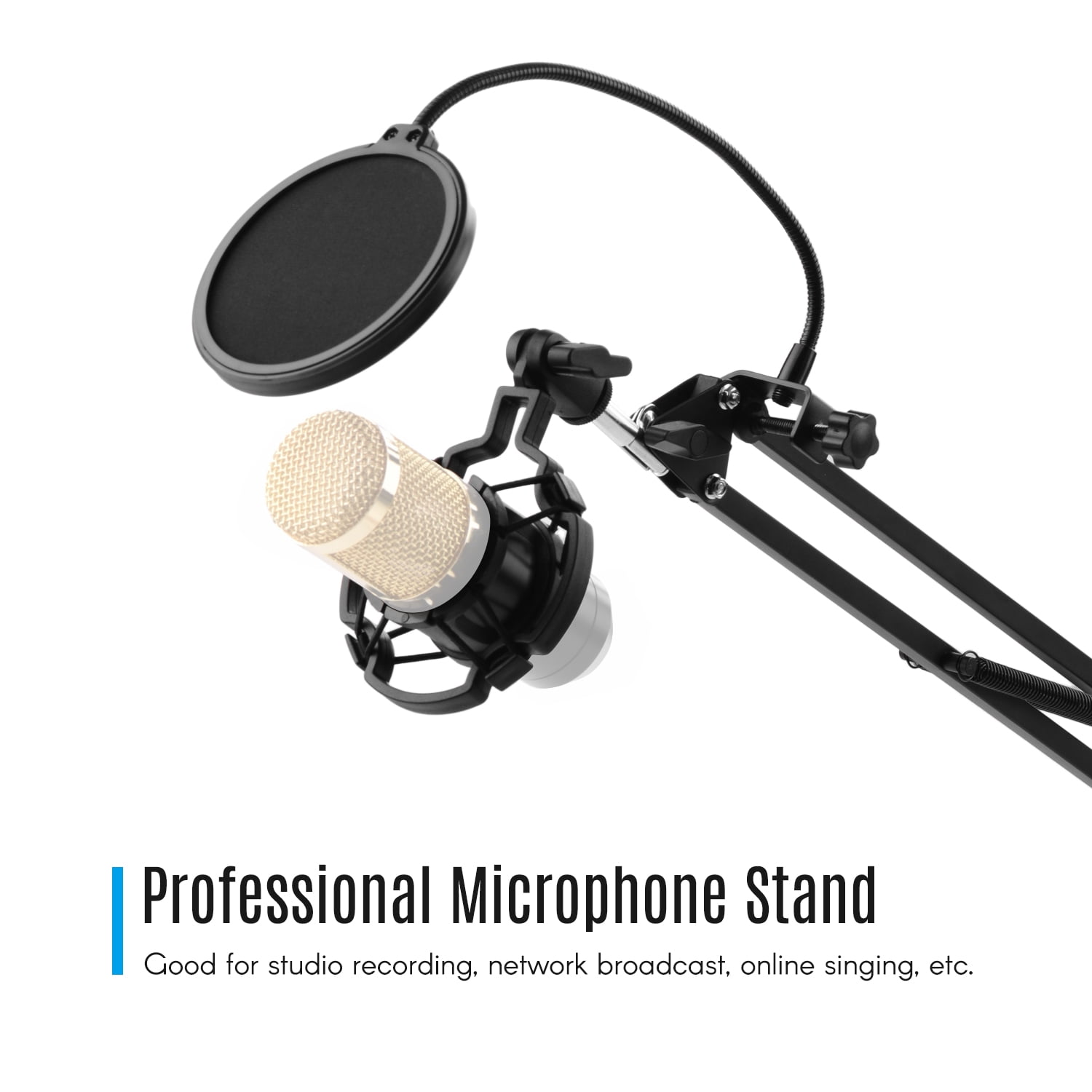 Adjustable Foldable Microphone Stand Heaby Duty Metal Mic Arm Bracket with Shock Proof Holder Windshield Filter for Studio Recording Live Video Broadcasting Online Singing