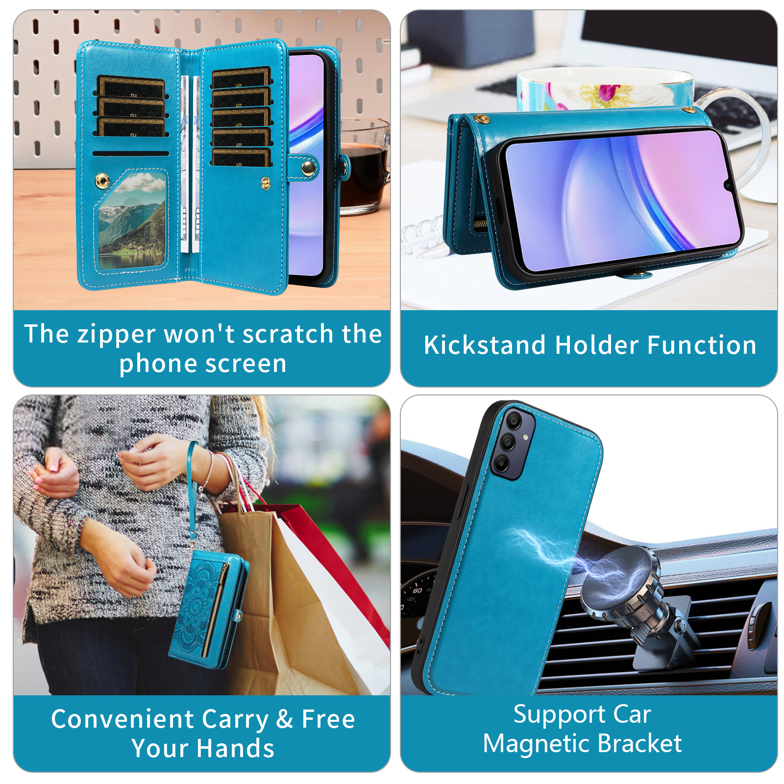 Asuwish Phone Case for Samsung Galaxy A15 5G/4G Zipper Wallet Detachable Cell Cover with Tempered Glass Screen Protector Crossbody Lanyard Strap Flower Flip Card Holder A 15 G5 15A Women Girls Blue