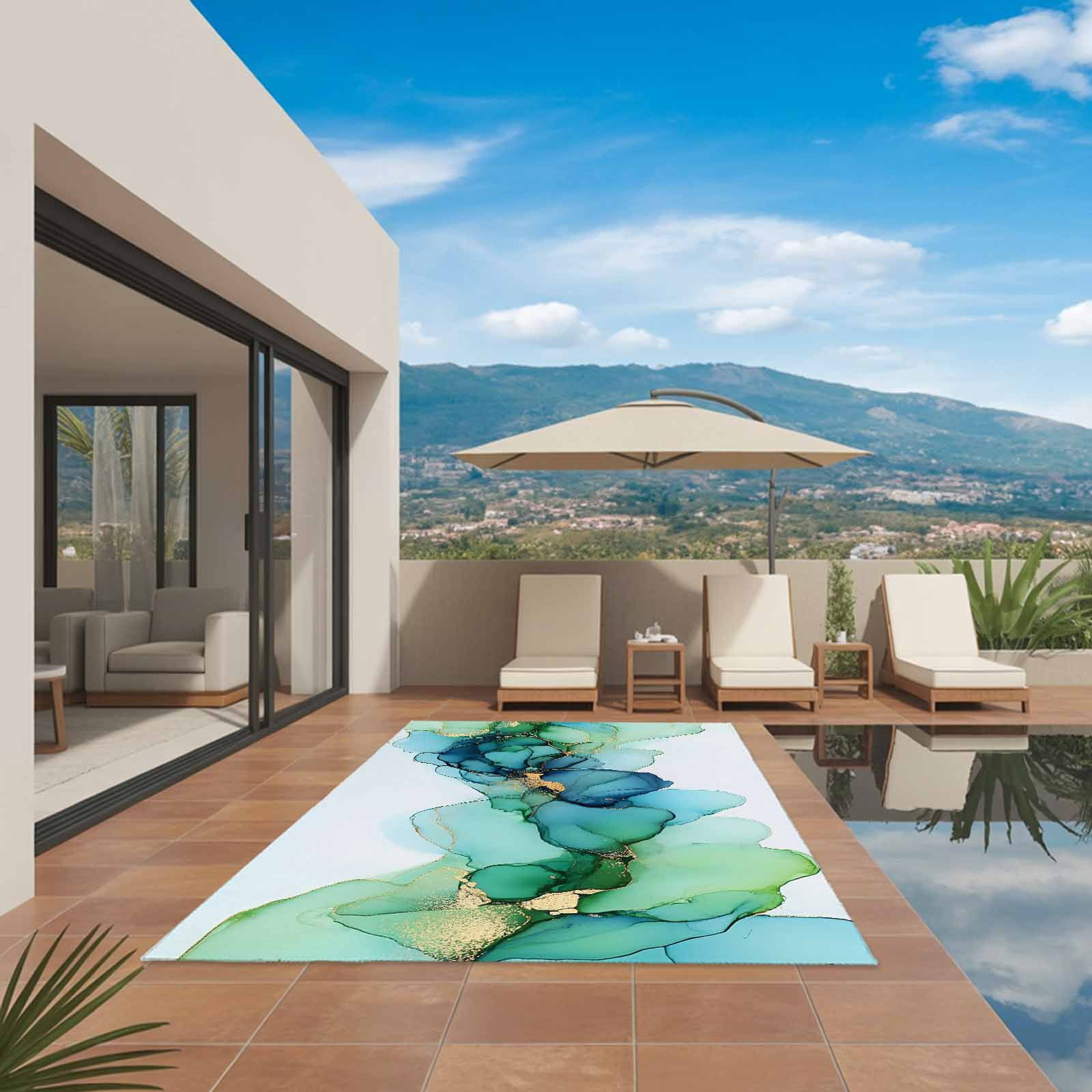 Outdoor Rug 5x8ft Abstract Ombre Green Blue Marble Large Area Rug Modern Art Indoor Outdoor Carpet Outdoor Rugs Mats for Patio Camping,RV,Front Door, Outside Decor