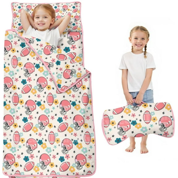 Colorful Football Helmets and Flowers Pattern Toddler Nap Mats for Kids Preschool,Sleeping Mat Bag or Kids,Toddler Sleeping Bag,Toddler Nap Mat or Daycare