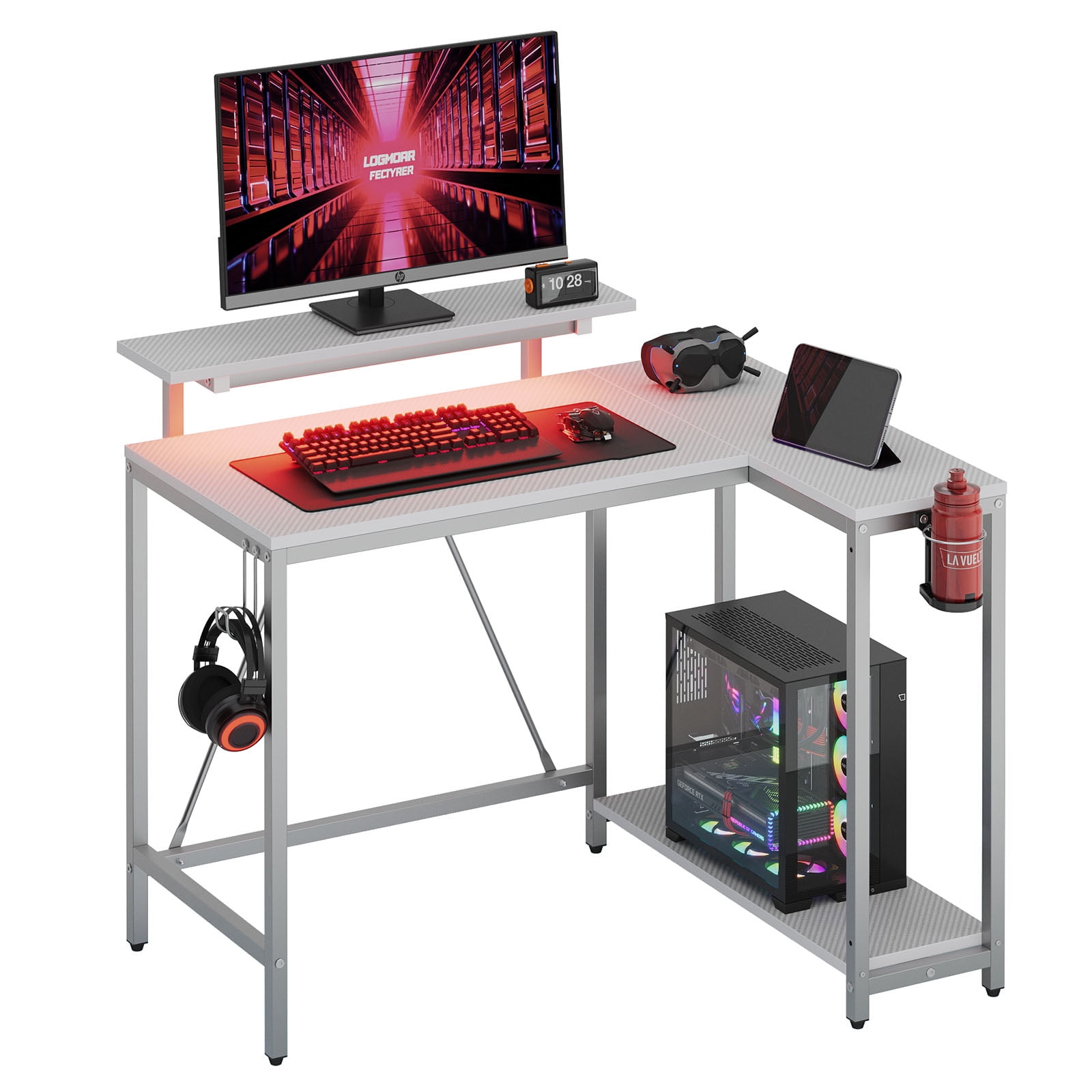 Pinmoco 42" Small Corner Computer Desk with Monitor Stand, Cup Holder& Headset Hooks, Home Office, Carbon Fiber Gray