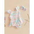 thumbnail image 4 of Baby Girls Romper Set, Fly Sleeve Plaid Lace Trim A-line Dress with Headband Summer Outfit, 4 of 9