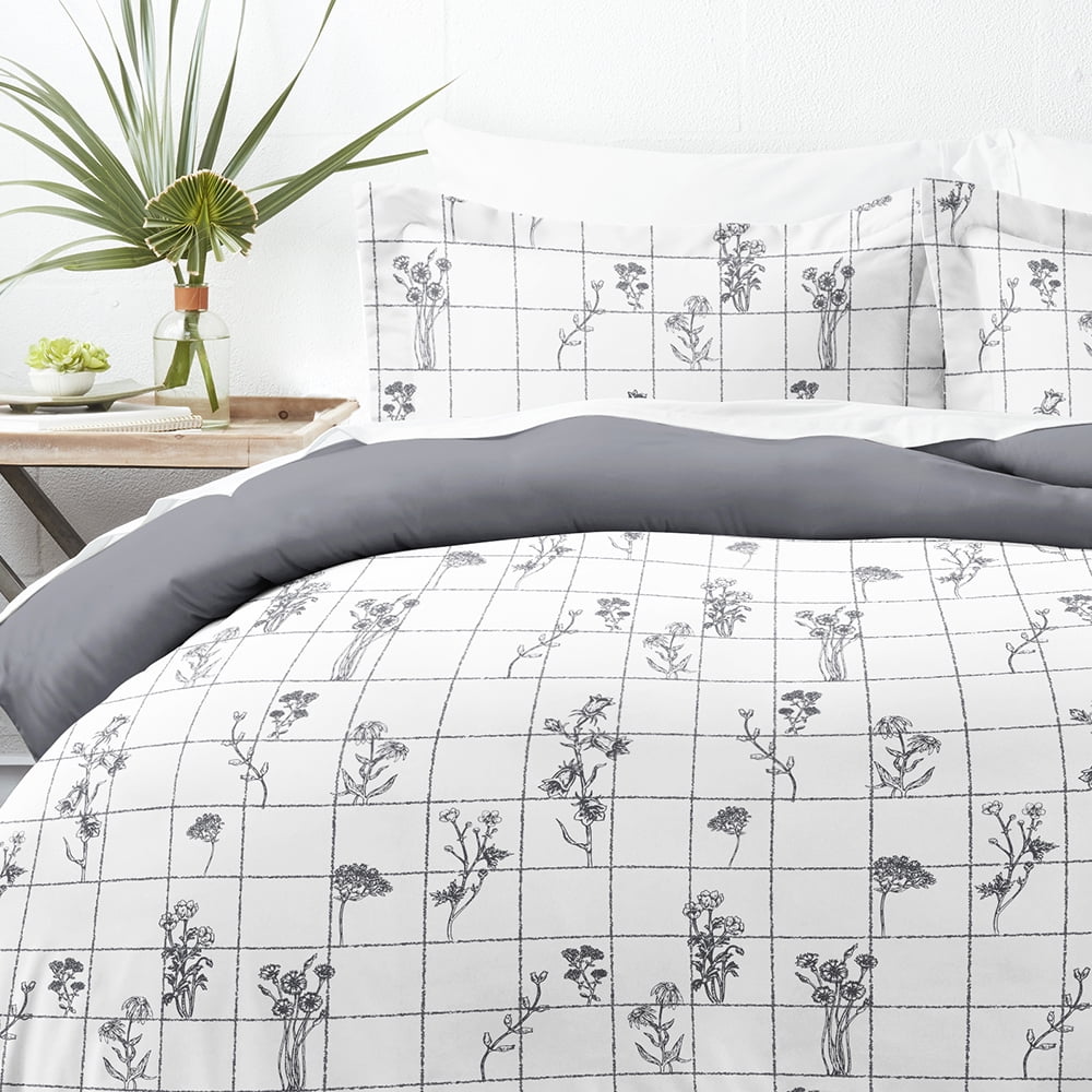 Noble Linens Gray Reversible Flower Field Print 3-Piece Duvet Cover Set, King/CalKing