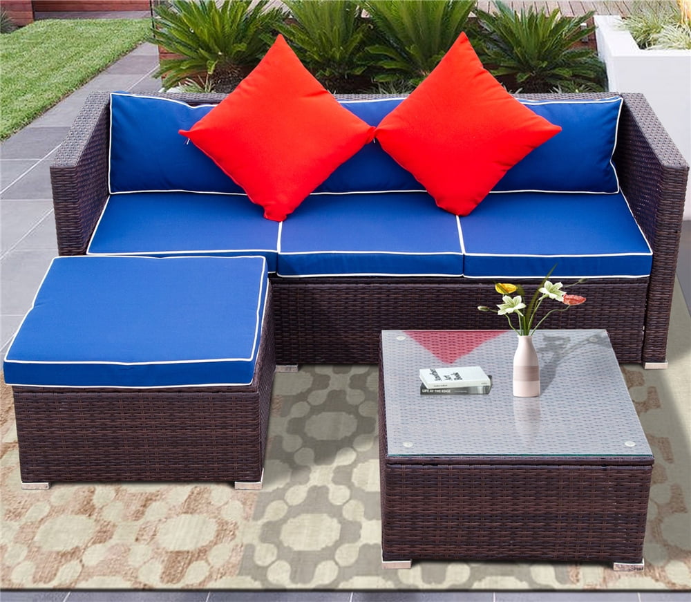 Patio Furniture Sets, 3 Piece Outdoor Sectional Sofa Set with Glass