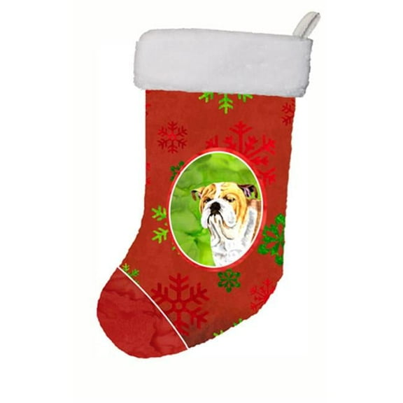 11 x 18 in. Bulldog English Red And Green Snowflakes Holiday Christmas Stocking