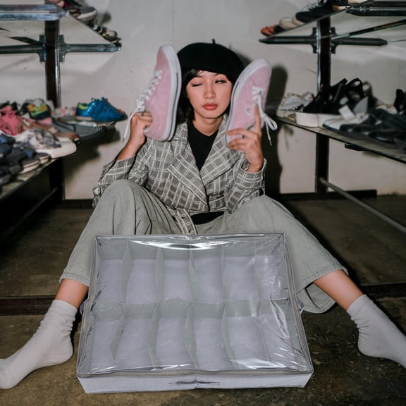 FUTUREORYY Foldable Grey Shoes Organizer, Non-Woven, Dust-Proof, Under Bed Storage