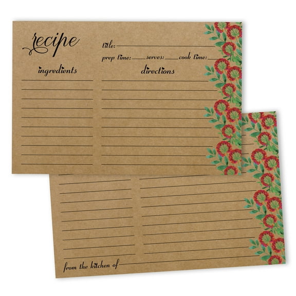Inkdotpot 4x6 Inch Recipe Cards (Set of 50) , Thick Double Sided Premium Card Stock- Modern Style Kraft Recipe Notecards for Weddings- Bridal- Baby Shower - Floral & Leaves Theme