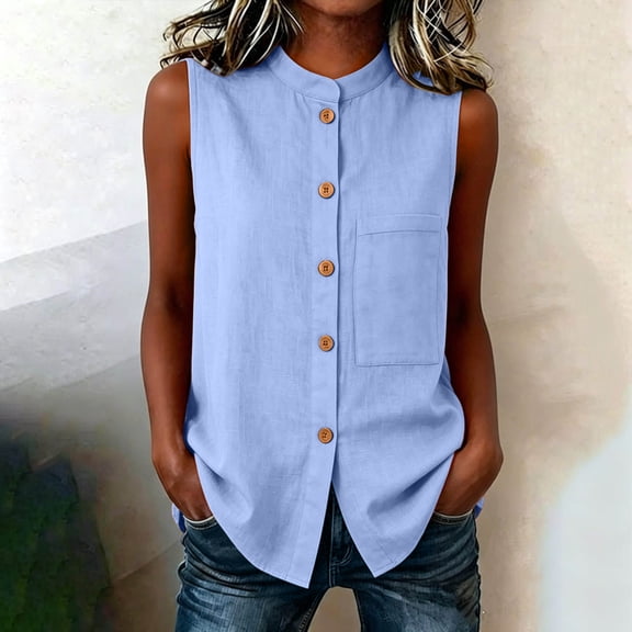 ClodeEU Women's Stand Collar Sleeveless Button Down Blouse,Casual Solid Color Linen Blend Tank Top Light Blue,Women's Plus L