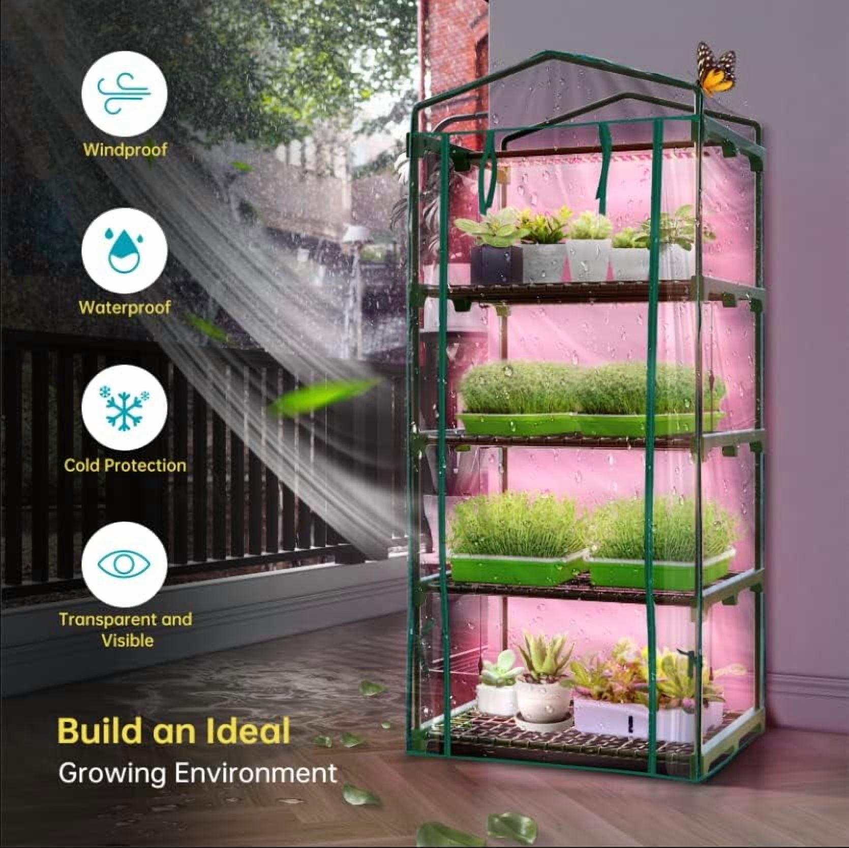 Indoor Greenhouse with Grow Lights - 4 Tiers 27.6"L×19.3"W×61.4"H Outdoor Mini Green House with Zip PVC Cover and Dimmable 15W Full Spectrum Plant Light with Timer for Seed Starting Trays