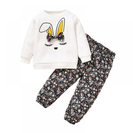 

Fall Spring Baby Girls Pants Set Long Sleeve Bowknot Pullover+Floral Pants Cartoon Bunny Sweatshirt Flower Trousers Outfits