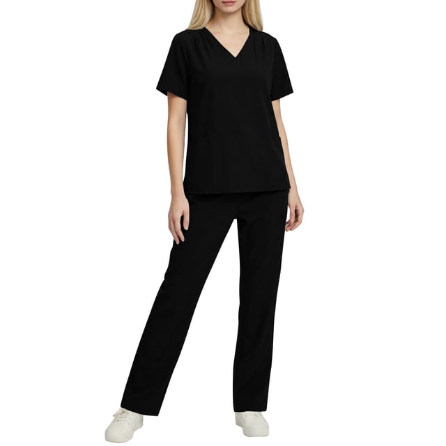 Conjunto de uniforme médico para mujer, color sólido, 2 piezas, camiseta de manga corta con cuello en V y pantalones con cintura elástica, uniforme de enfermería con bolsillos.