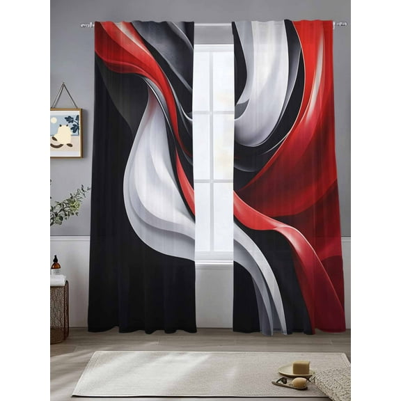 Abstract Water Ripple Sheer Curtains 84 Inches Long 2 Panels Red Black White Stitching Light Filtering Semi Sheer Window Curtains Drapes for Bedroom Living Room 52"x84"
