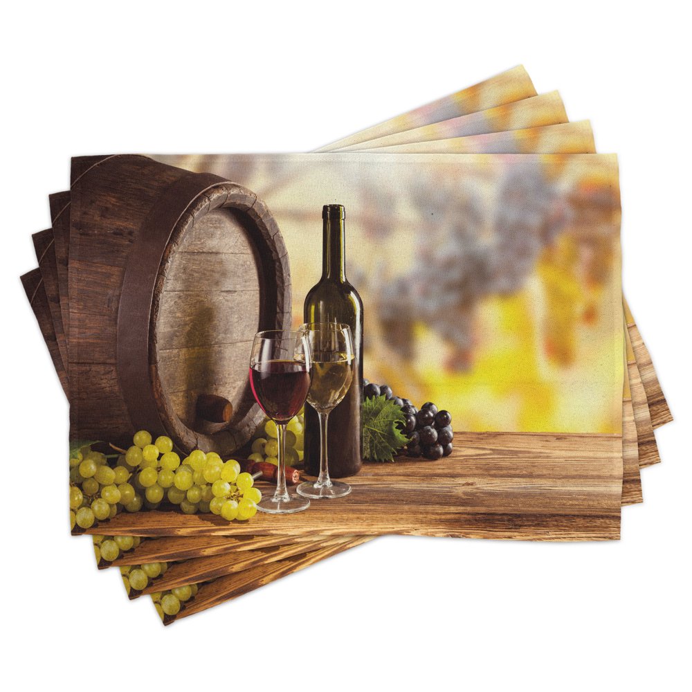 Wine Placemats Set of 4 Red and White Wine Bottle Glass on Wooden Keg