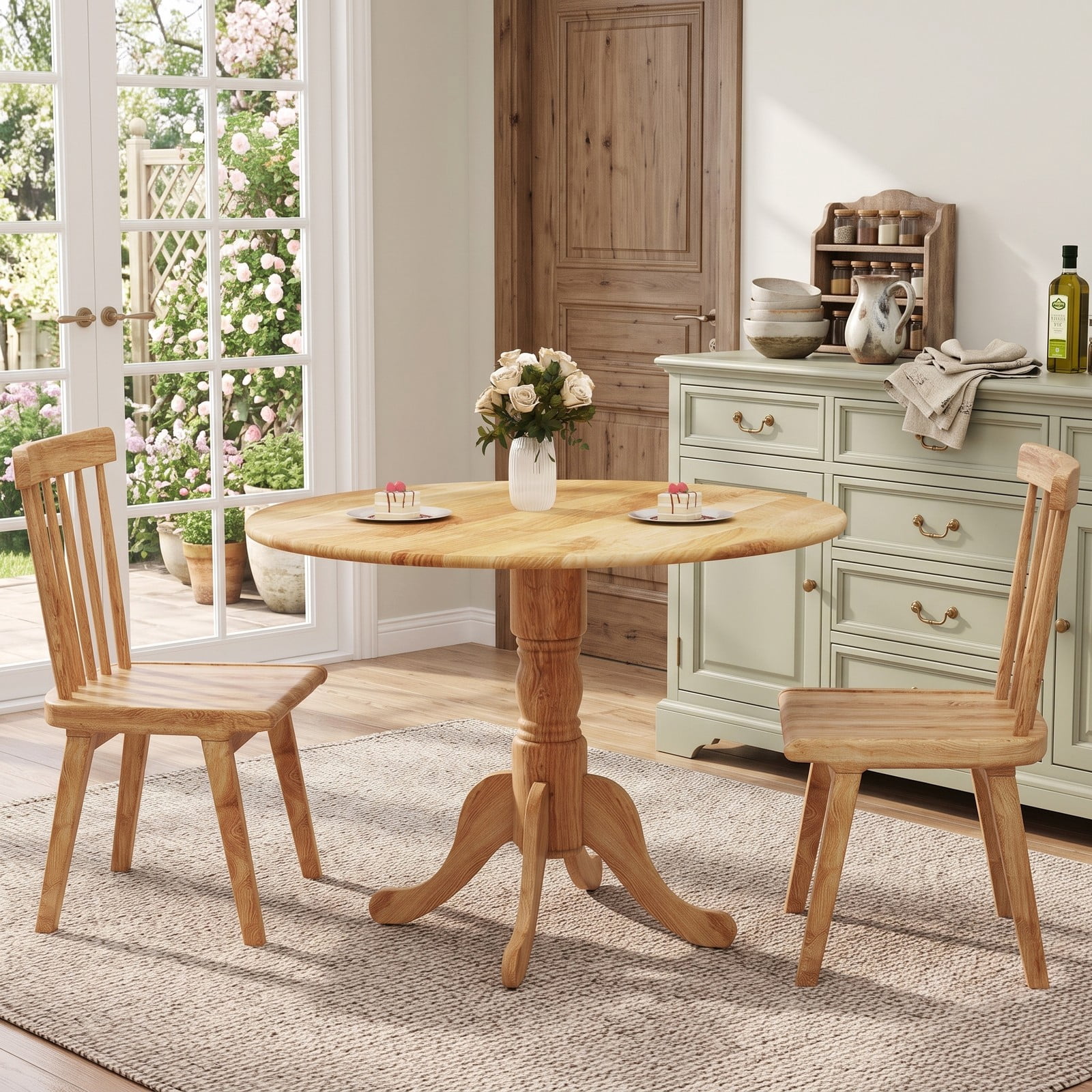 Furnibear Round Wooden Dining Table for 4, Kitchen Dinner Table with Curved Trestle Legs and Adjustable Foot Pads, Rubber Wood Small Dining Room Table, 39 Inch, Natural