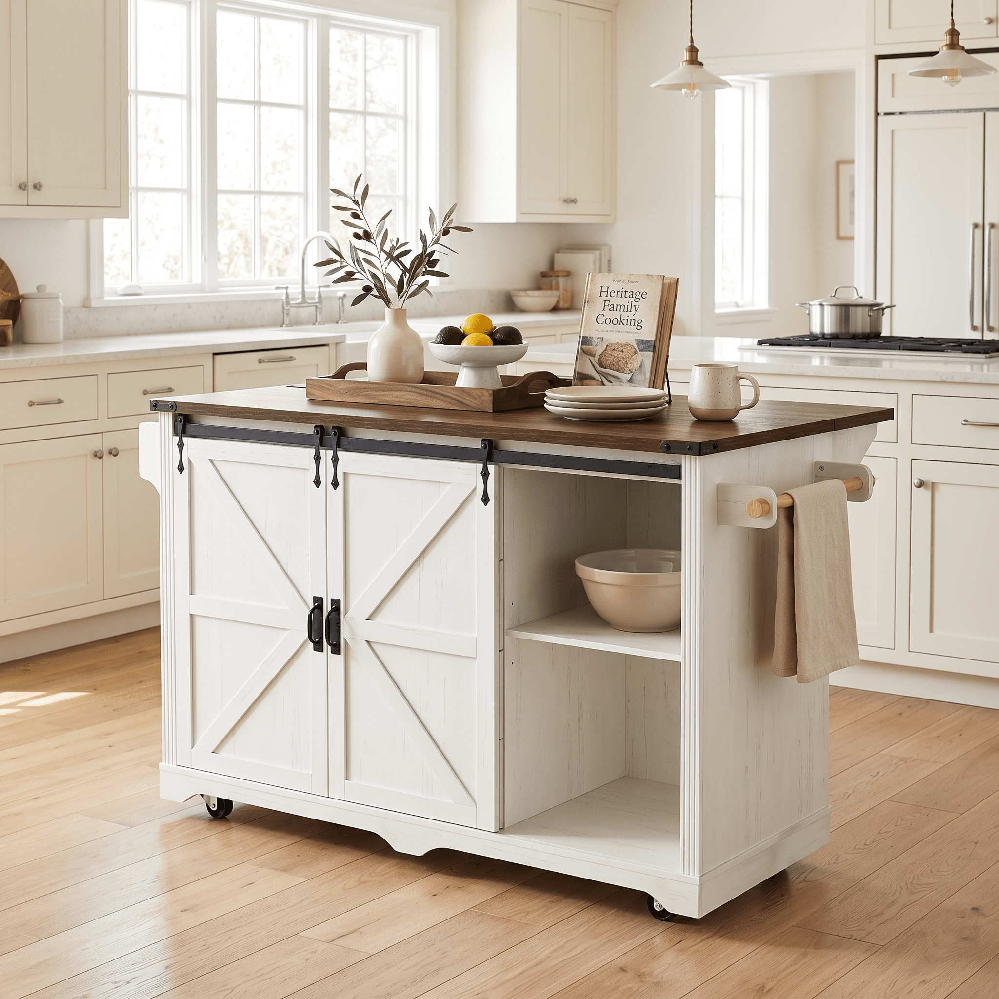 Homy Casa 72" Rolling Kitchen Island with Drop Leaf, Charging Station and Dual Fridge Bays, White